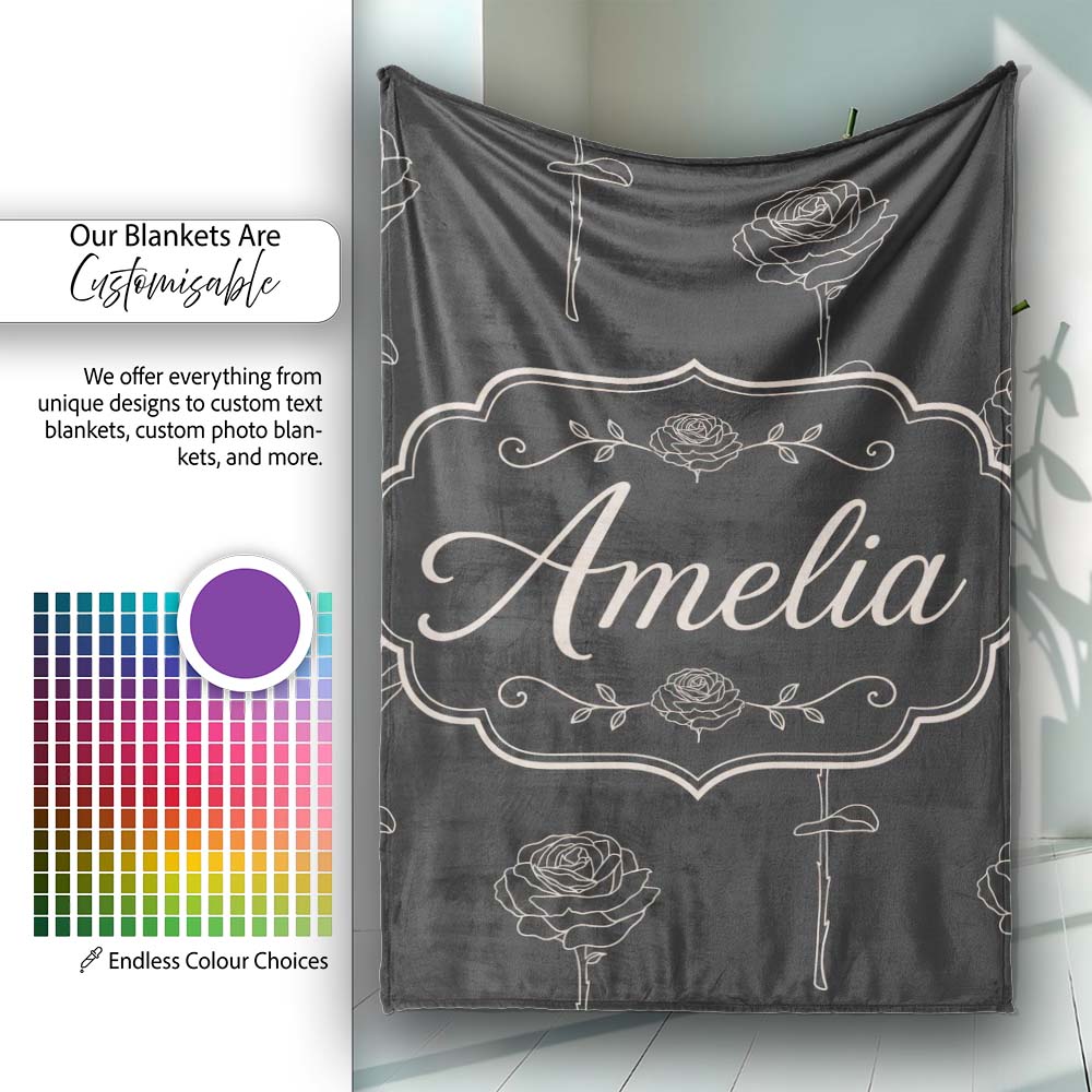 Elegant Rose Line Art Floral Seamless Pattern on Dark Background Personalised Custom Name Super Soft Fleece Blanket Bed Sofa Throw