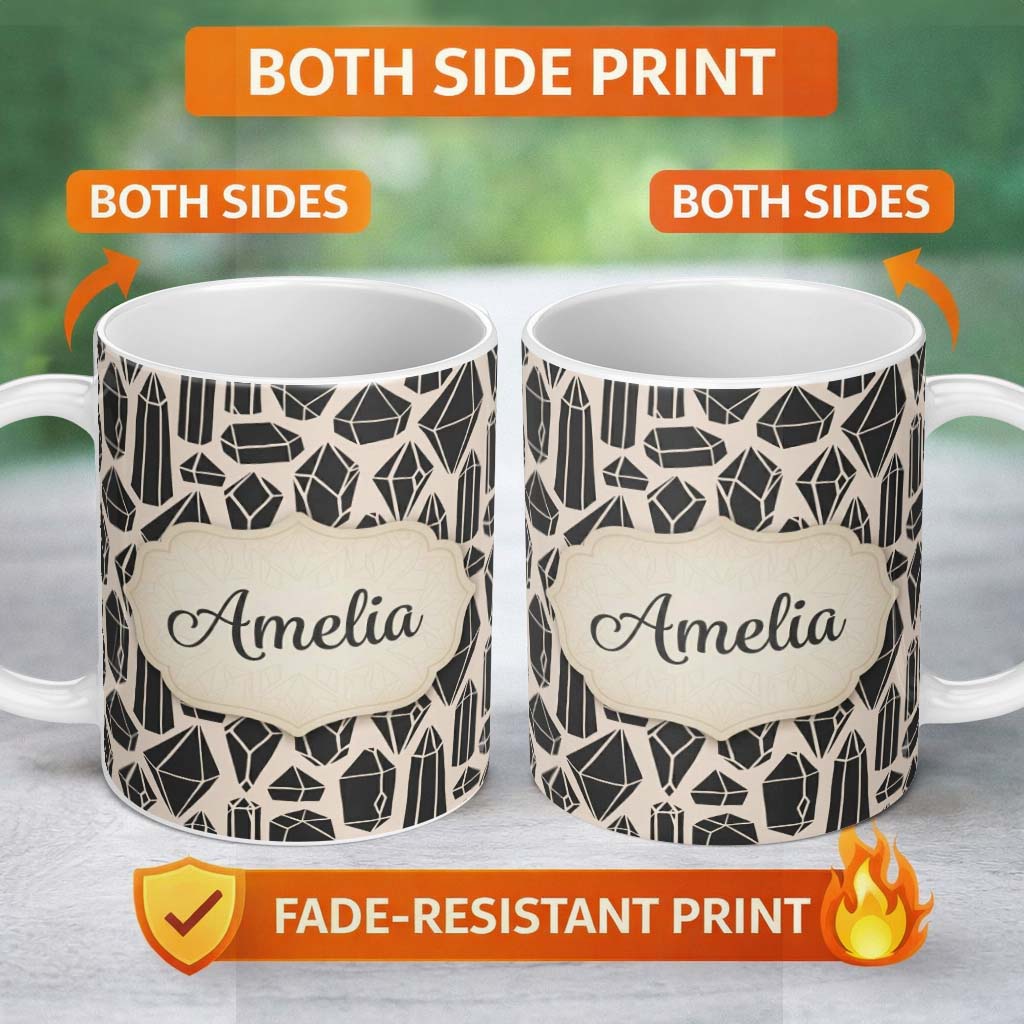 Personalized Custom Name Abstract Crystal Gemstone Seamless Pattern Modern Geometric Design 11oz Ceramic Coffee Tea Mug White Large Handle