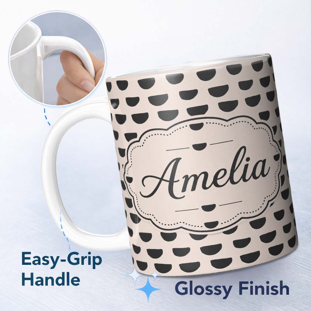 Personalized Custom Name Minimal Abstract Half Circle Seamless Pattern Modern Geometric 11oz Ceramic Coffee Tea Mug White Large Handle