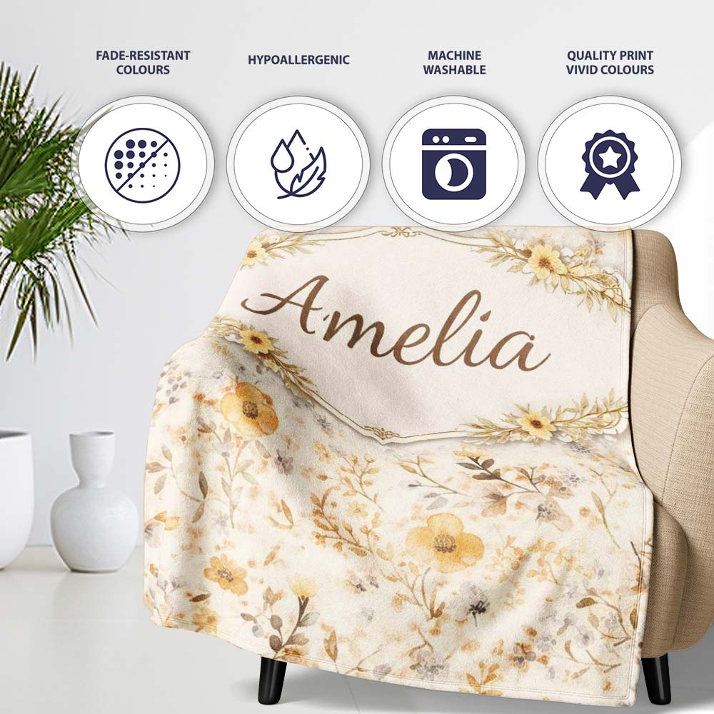 Soft Neutral Floral Botanical Seamless Pattern Beautiful Coffee Cup Personalised Custom Name Super Soft Fleece Blanket Bed Sofa Throw