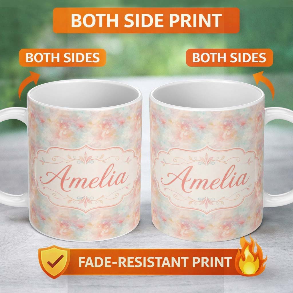 Personalized Custom Name Soft Pastel Watercolor Abstract Seamless Pattern Artistic Texture 11oz Ceramic Coffee Tea Mug White Large Handle