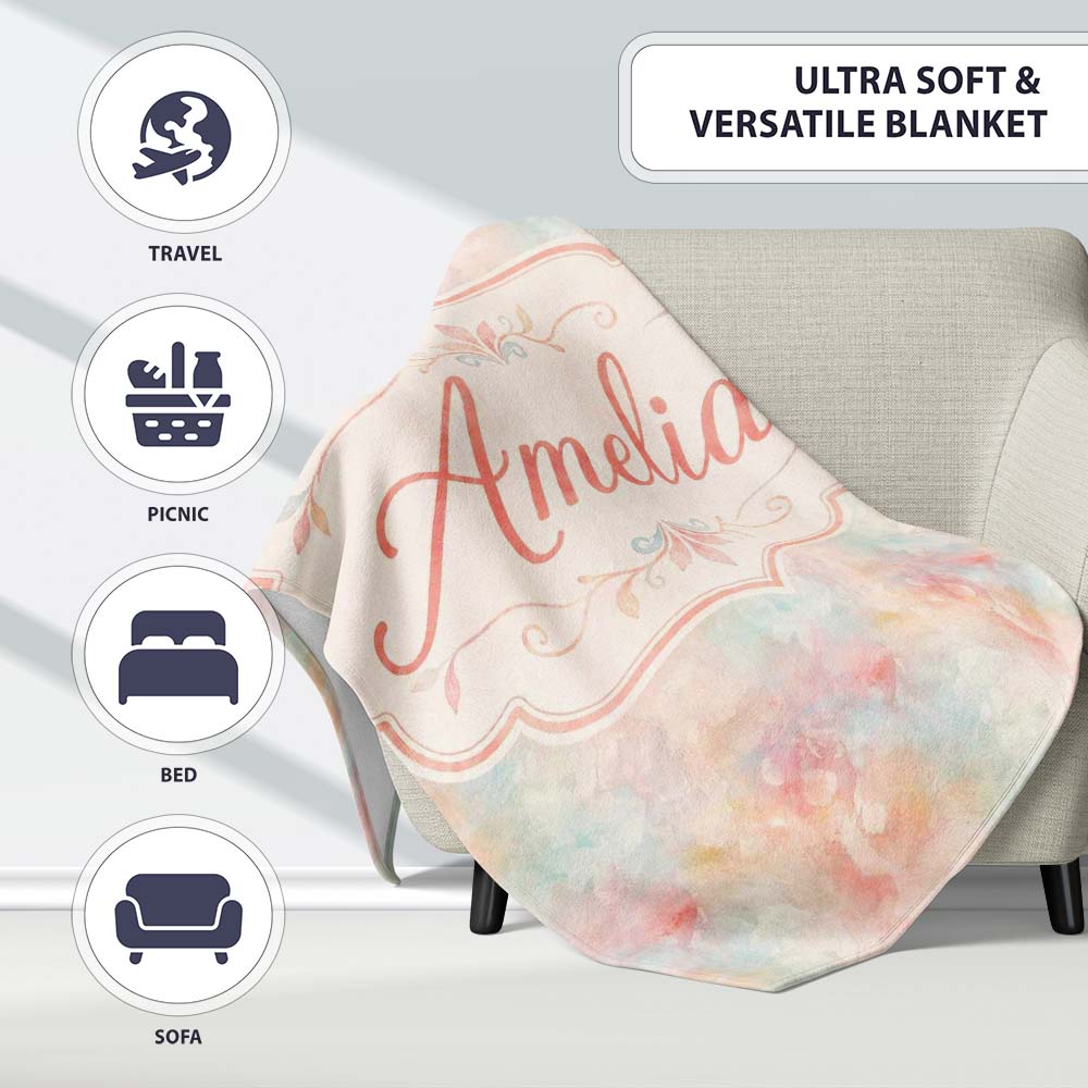 Soft Pastel Watercolor Abstract Seamless Pattern Artistic Texture Personalised Custom Name Super Soft Fleece Blanket Bed Sofa Throw