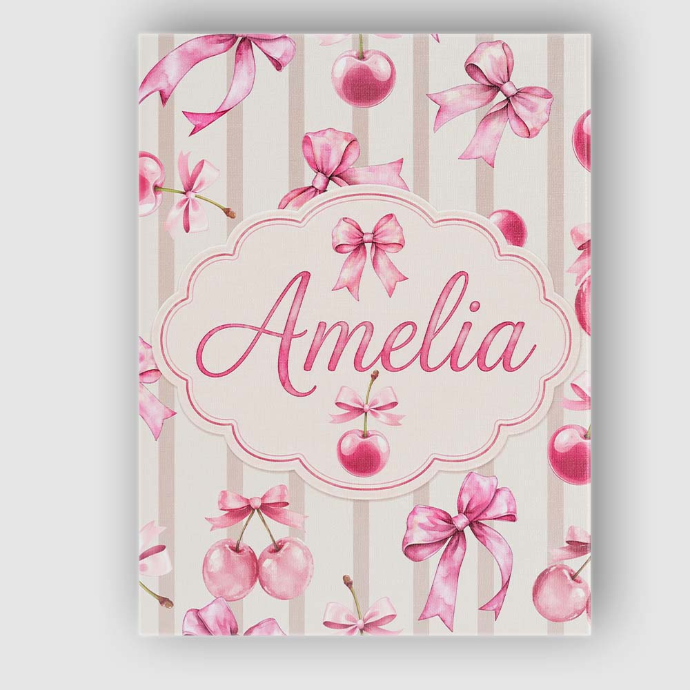 Personalised Name Watercolor Pink Cherry Ribbon Bow Seamless Pattern Custom Home Canvas Wall Art Print Decor Picture Ready to Hang