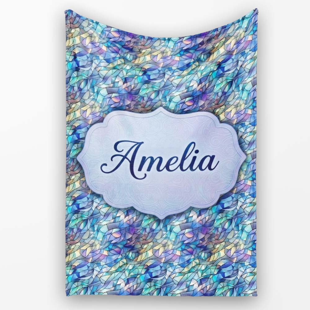 Abstract Blue Mosaic Glass Waves Seamless Pattern Artistic Texture Personalised Custom Name Super Soft Fleece Blanket Bed Sofa Throw