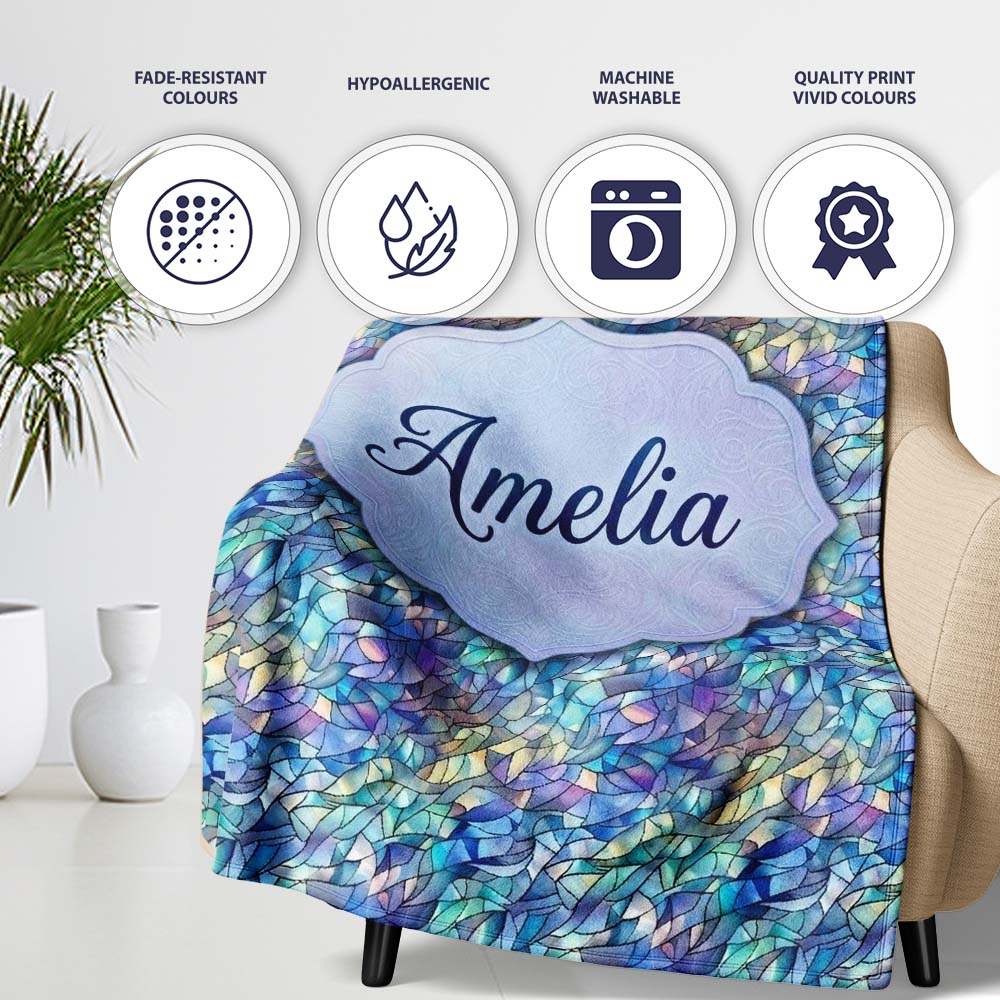 Abstract Blue Mosaic Glass Waves Seamless Pattern Artistic Texture Personalised Custom Name Super Soft Fleece Blanket Bed Sofa Throw