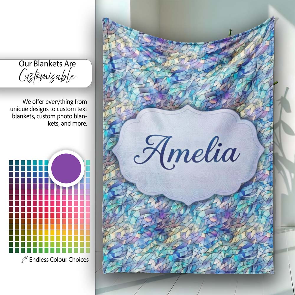 Abstract Blue Mosaic Glass Waves Seamless Pattern Artistic Texture Personalised Custom Name Super Soft Fleece Blanket Bed Sofa Throw