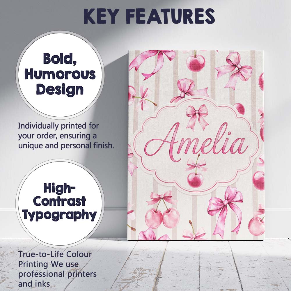 Personalised Name Watercolor Pink Cherry Ribbon Bow Seamless Pattern Custom Home Canvas Wall Art Print Decor Picture Ready to Hang