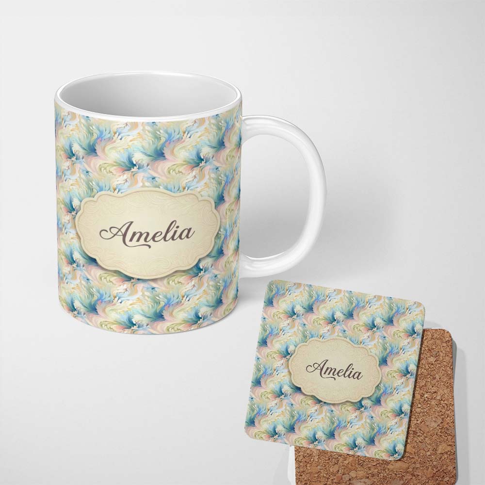 Personalized Custom Name Soft Pastel Marble Swirl Seamless Pattern Elegant Fluid Art Design 11oz Ceramic Coffee Tea Mug White Large Handle