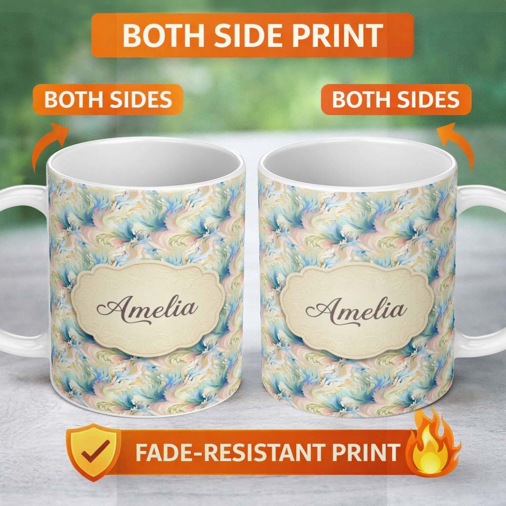 Personalized Custom Name Soft Pastel Marble Swirl Seamless Pattern Elegant Fluid Art Design 11oz Ceramic Coffee Tea Mug White Large Handle
