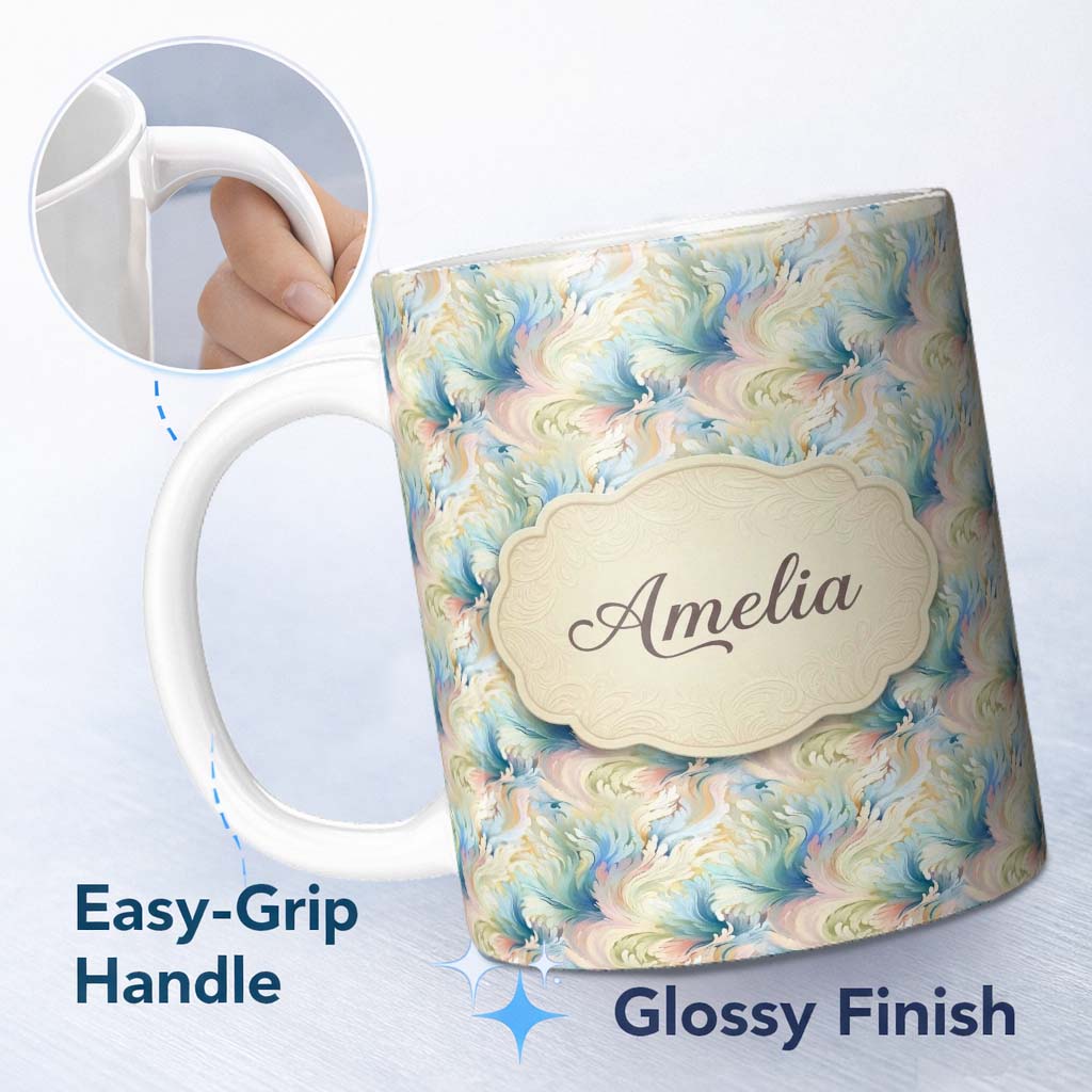 Personalized Custom Name Soft Pastel Marble Swirl Seamless Pattern Elegant Fluid Art Design 11oz Ceramic Coffee Tea Mug White Large Handle