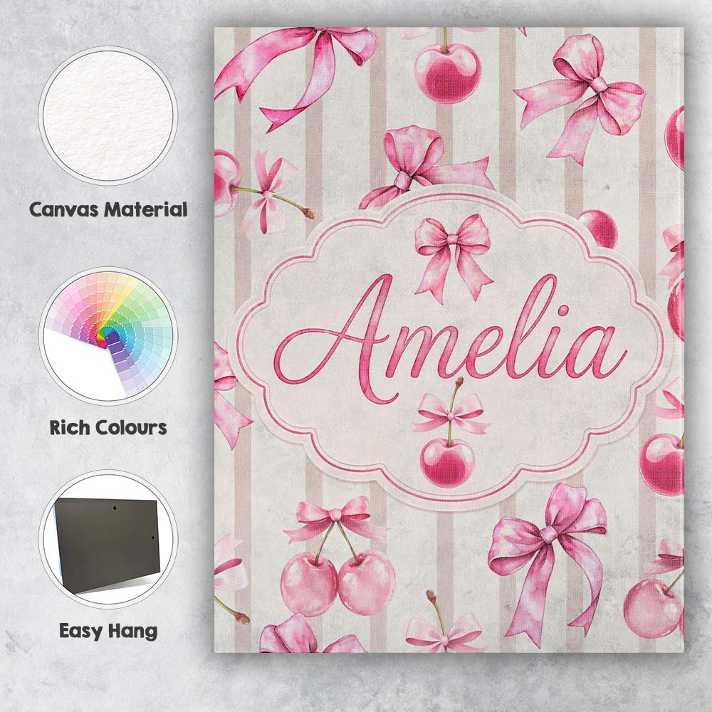 Personalised Name Watercolor Pink Cherry Ribbon Bow Seamless Pattern Custom Home Canvas Wall Art Print Decor Picture Ready to Hang