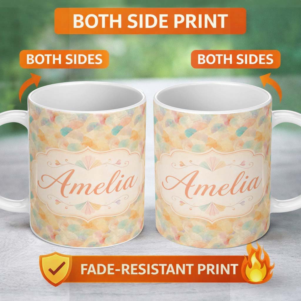 Personalized Custom Name Pastel Fan Shell Floral Seamless Pattern Soft Botanical Texture 11oz Ceramic Coffee Tea Mug White Large Handle