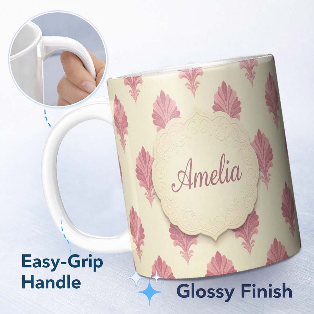 Personalized Custom Name Soft Floral Watercolor Bloom Seamless Pattern Elegant Pastel Design 11oz Ceramic Coffee Tea Mug White Large Handle