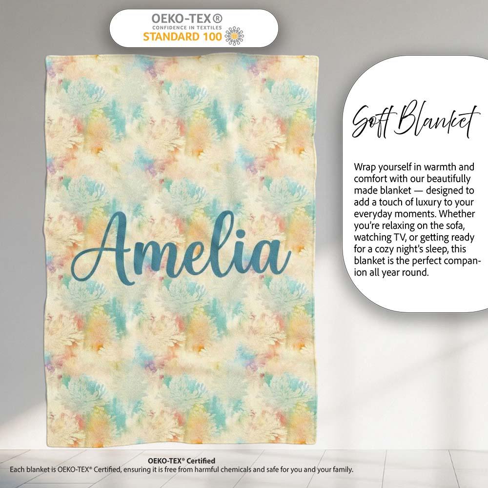 Dreamy Pastel Floral Burst Seamless Pattern Soft Abstract Texture Personalised Custom Name Super Soft Fleece Blanket Bed Sofa Throw