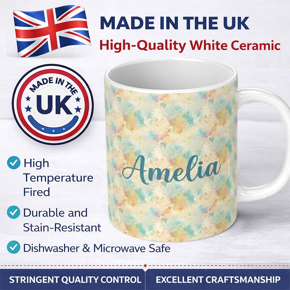 Personalized Custom Name Dreamy Pastel Floral Burst Seamless Pattern Soft Abstract Texture 11oz Ceramic Coffee Tea Mug White Large Handle
