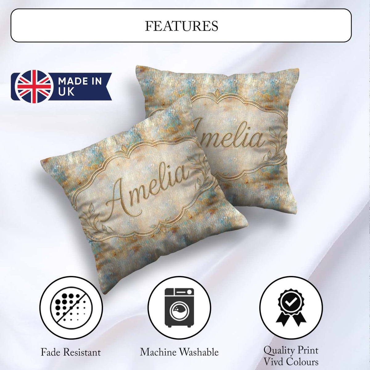 Custom Name Soft Pastel Botanical Splash Seamless Pattern Floral Square Filled Cushion Throw Pillow Sofa Bed Home Decor Zip Washable UK Made