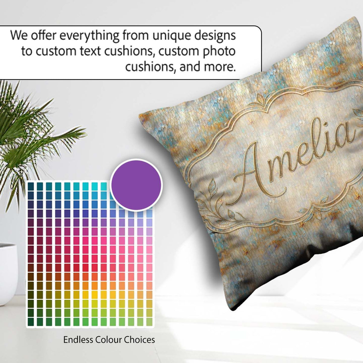 Custom Name Soft Pastel Botanical Splash Seamless Pattern Floral Square Filled Cushion Throw Pillow Sofa Bed Home Decor Zip Washable UK Made