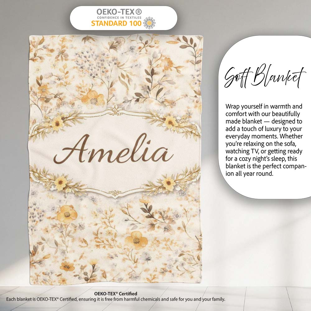 Soft Neutral Floral Botanical Seamless Pattern Beautiful Coffee Cup Personalised Custom Name Super Soft Fleece Blanket Bed Sofa Throw