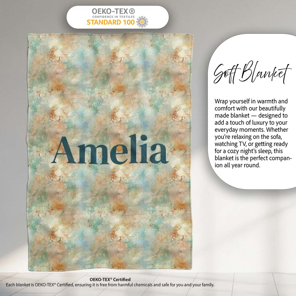 Soft Pastel Marble Splash Seamless Pattern Elegant Abstract Texture Personalised Custom Name Super Soft Fleece Blanket Bed Sofa Throw
