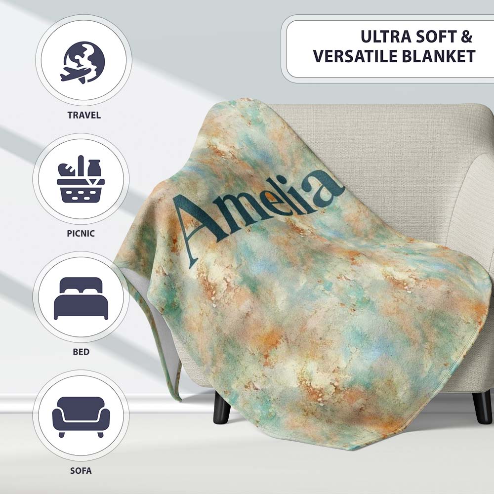 Soft Pastel Marble Splash Seamless Pattern Elegant Abstract Texture Personalised Custom Name Super Soft Fleece Blanket Bed Sofa Throw