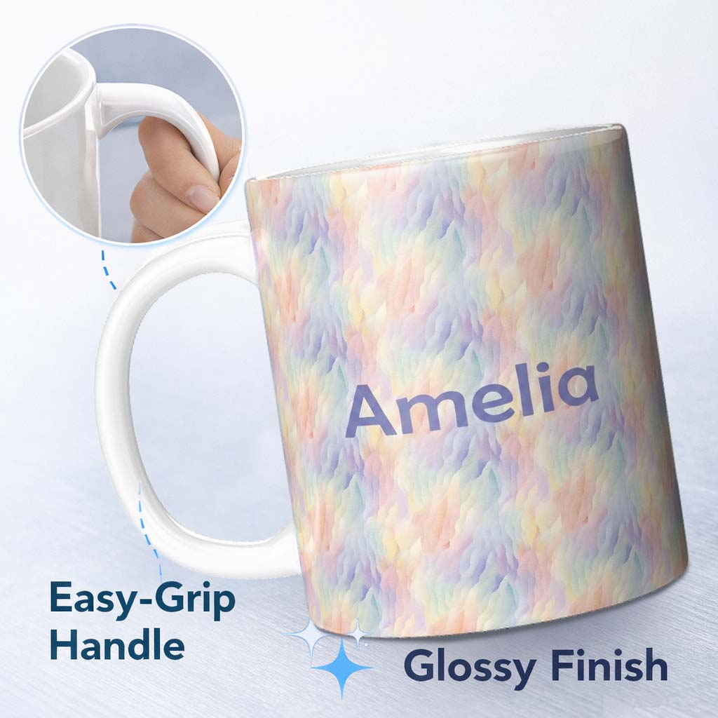 Personalized Custom Name Soft Pastel Flowing Waves Seamless Pattern Dreamy Abstract Texture 11oz Ceramic Coffee Tea Mug White Large Handle