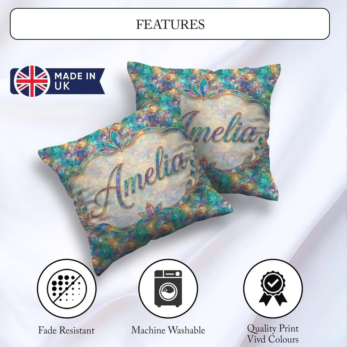 Custom Name Turquoise Mosaic Glass Floral Seamless Artistic Tile Square Filled Cushion Throw Pillow Sofa Bed Home Decor Zip Washable UK Made