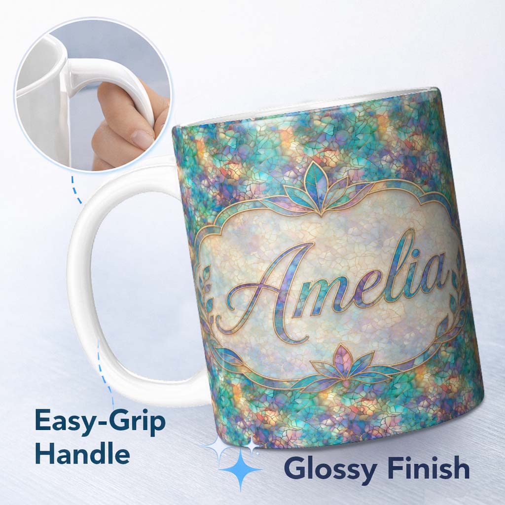 Personalized Custom Name Turquoise Mosaic Glass Floral Seamless Pattern Artistic Tile 11oz Ceramic Coffee Tea Mug White Large Handle