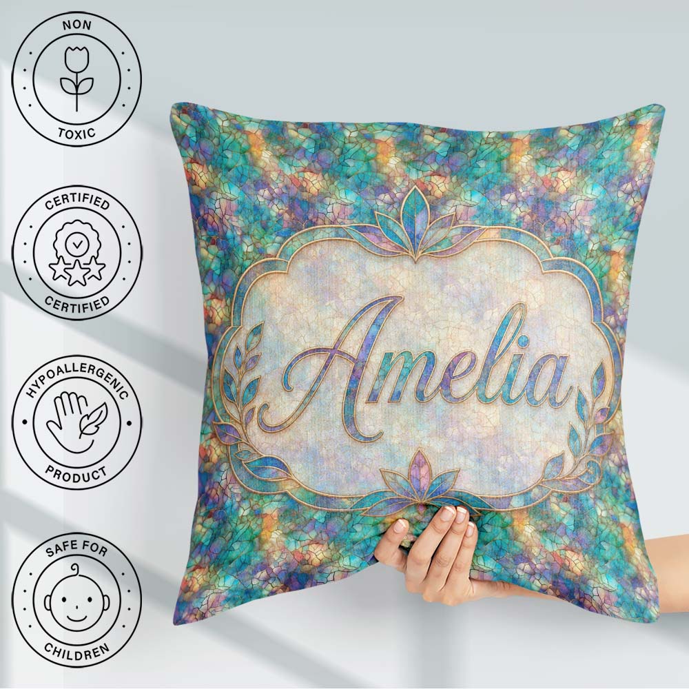 Custom Name Turquoise Mosaic Glass Floral Seamless Artistic Tile Square Filled Cushion Throw Pillow Sofa Bed Home Decor Zip Washable UK Made