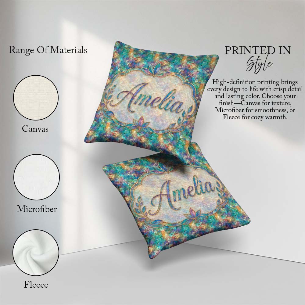 Custom Name Turquoise Mosaic Glass Floral Seamless Artistic Tile Square Filled Cushion Throw Pillow Sofa Bed Home Decor Zip Washable UK Made