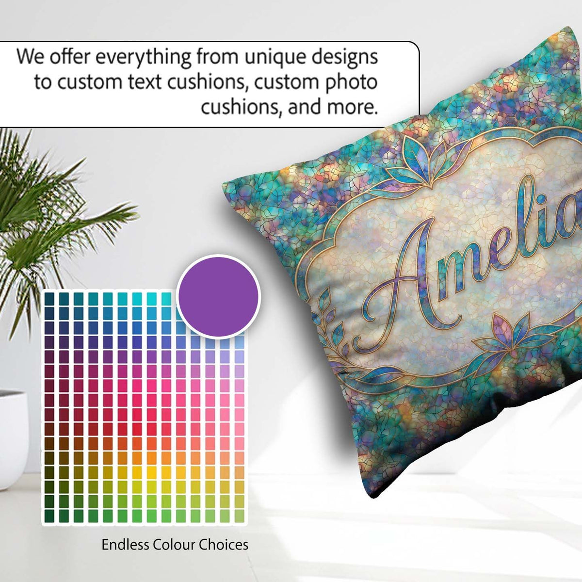 Custom Name Turquoise Mosaic Glass Floral Seamless Artistic Tile Square Filled Cushion Throw Pillow Sofa Bed Home Decor Zip Washable UK Made