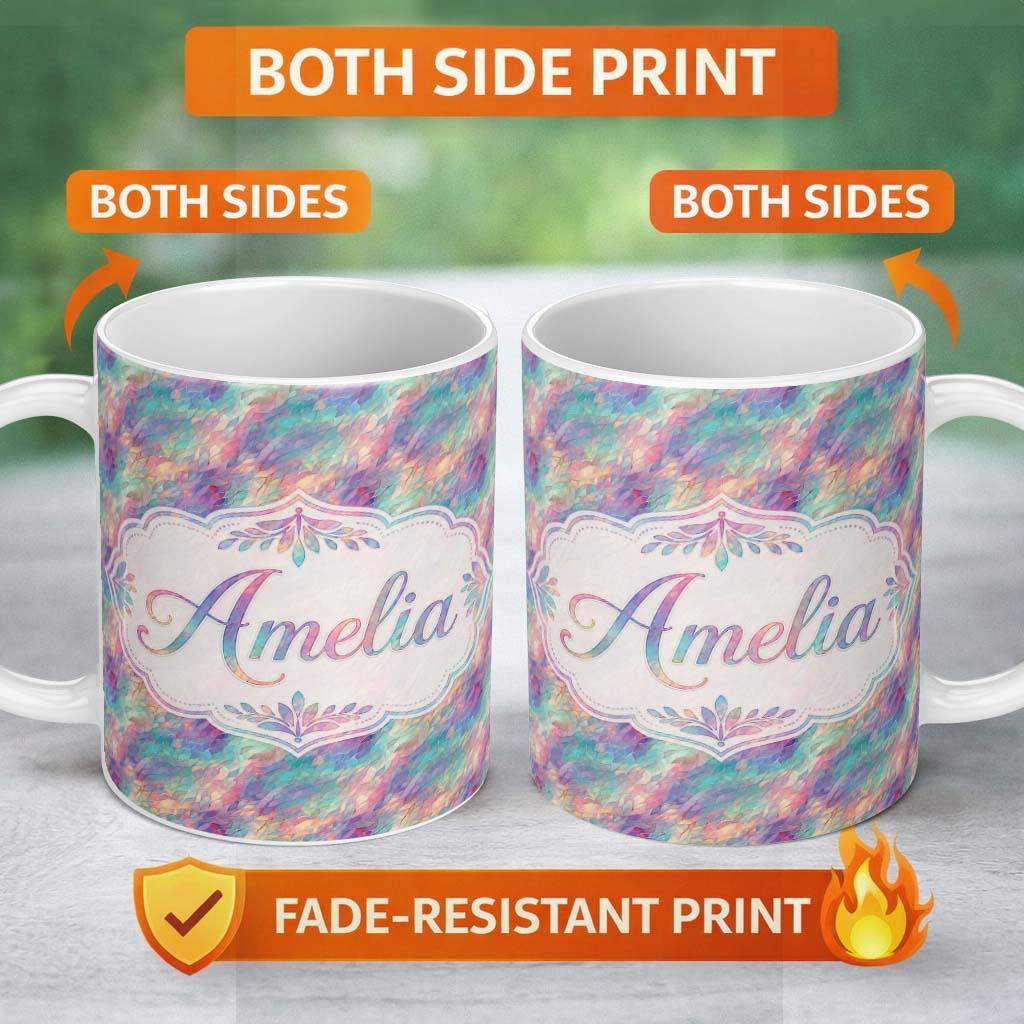 Personalized Custom Name Colorful Abstract Flowing Lines Seamless Pattern Modern Artistic 11oz Ceramic Coffee Tea Mug White Large Handle