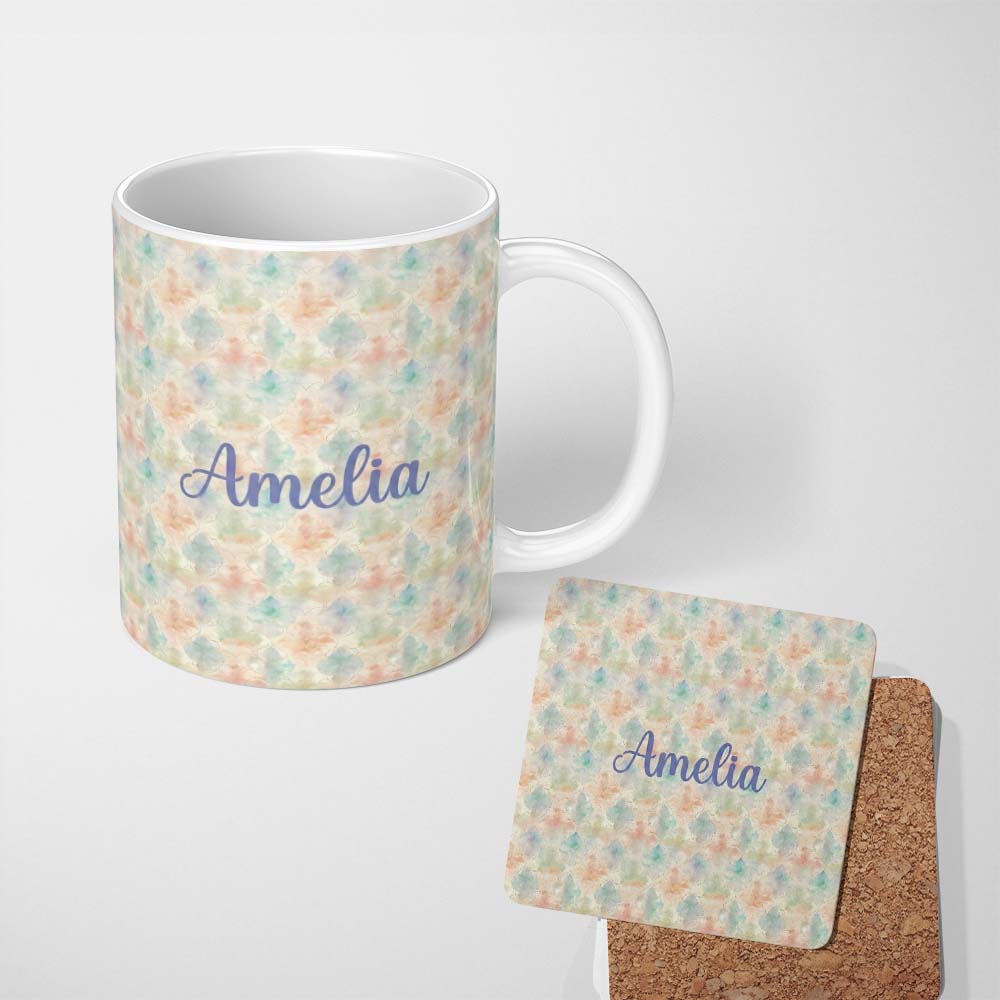 Personalized Custom Name Soft Watercolor Floral Motif Seamless Pattern Elegant Pastel Design 11oz Ceramic Coffee Tea Mug White Large Handle