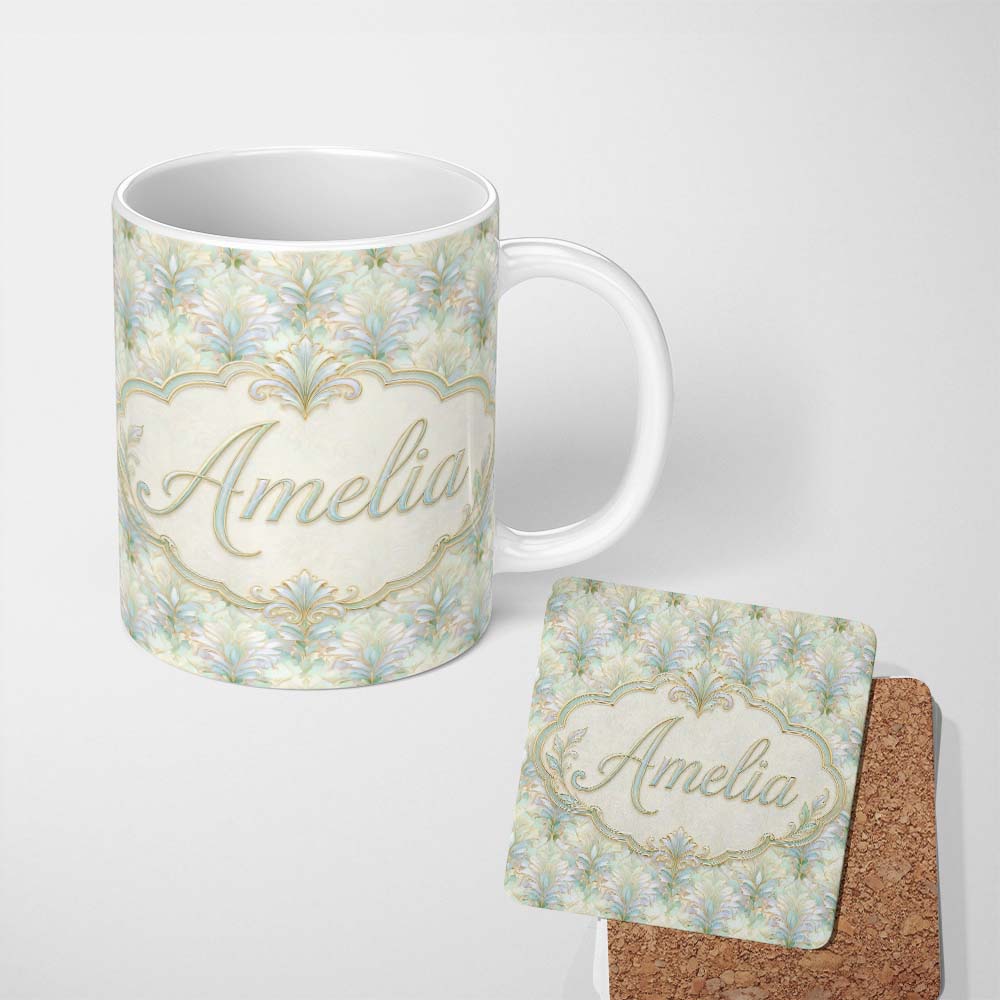 Personalized Custom Name Ornate Vintage Damask Floral Seamless Pattern Classic Elegant 11oz Ceramic Coffee Tea Mug White Large Handle