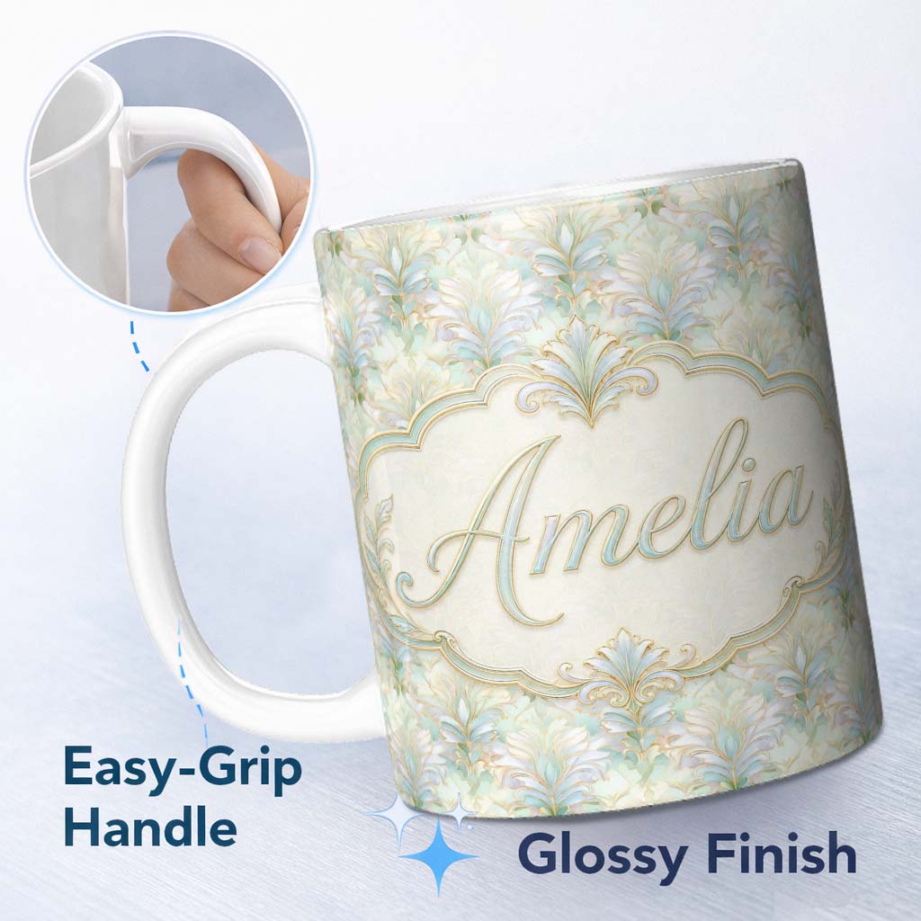 Personalized Custom Name Ornate Vintage Damask Floral Seamless Pattern Classic Elegant 11oz Ceramic Coffee Tea Mug White Large Handle