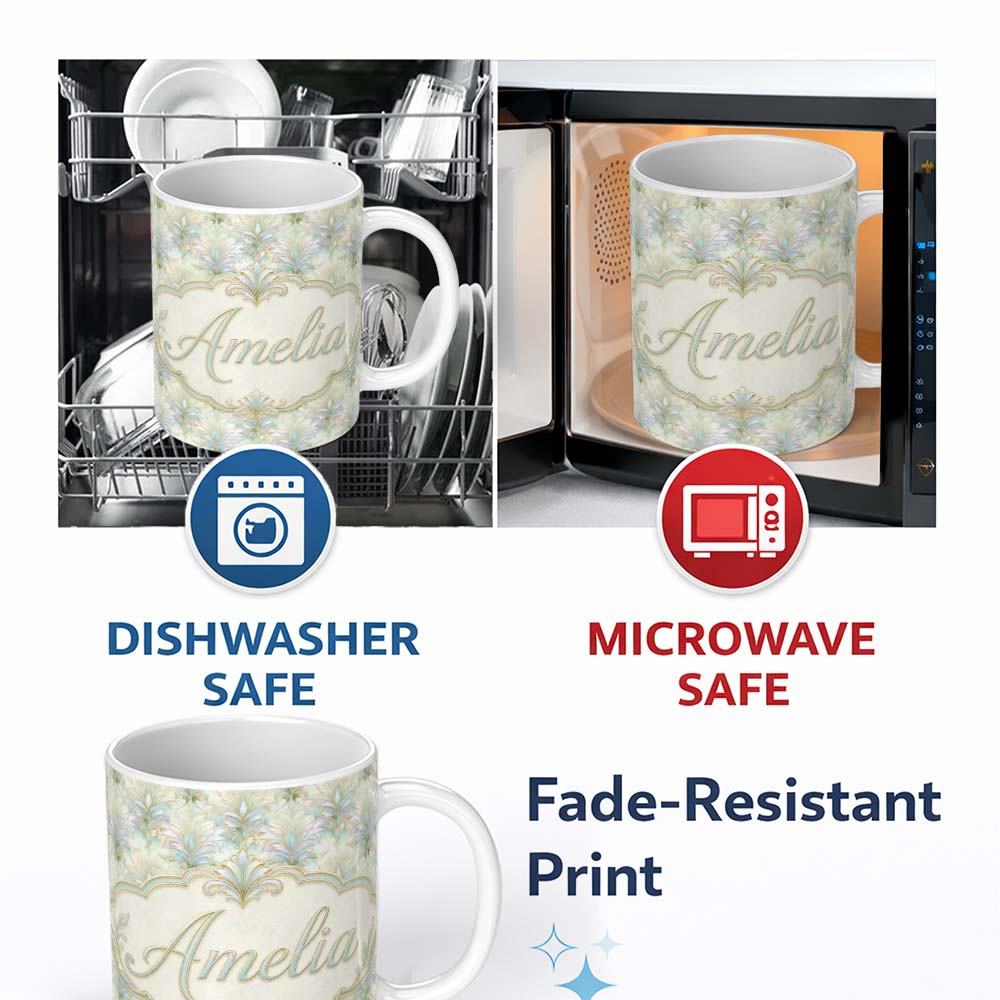 Personalized Custom Name Ornate Vintage Damask Floral Seamless Pattern Classic Elegant 11oz Ceramic Coffee Tea Mug White Large Handle