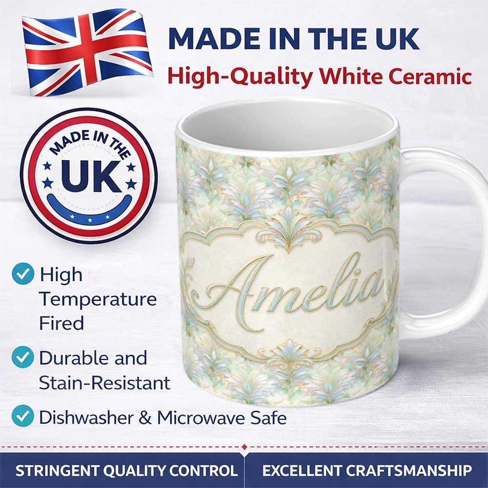 Personalized Custom Name Ornate Vintage Damask Floral Seamless Pattern Classic Elegant 11oz Ceramic Coffee Tea Mug White Large Handle