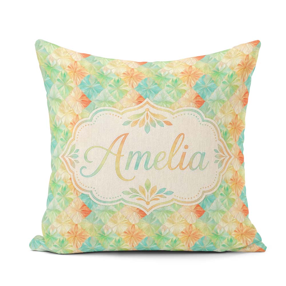 Custom Name Geometric Pastel Leaf Tile Seamless Modern Botanical Square Filled Cushion Throw Pillow Sofa Bed Home Decor Zip Washable UK Made