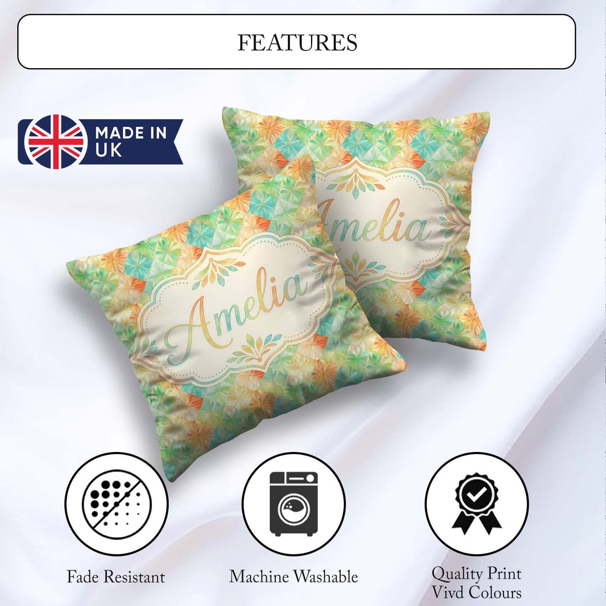 Custom Name Geometric Pastel Leaf Tile Seamless Modern Botanical Square Filled Cushion Throw Pillow Sofa Bed Home Decor Zip Washable UK Made