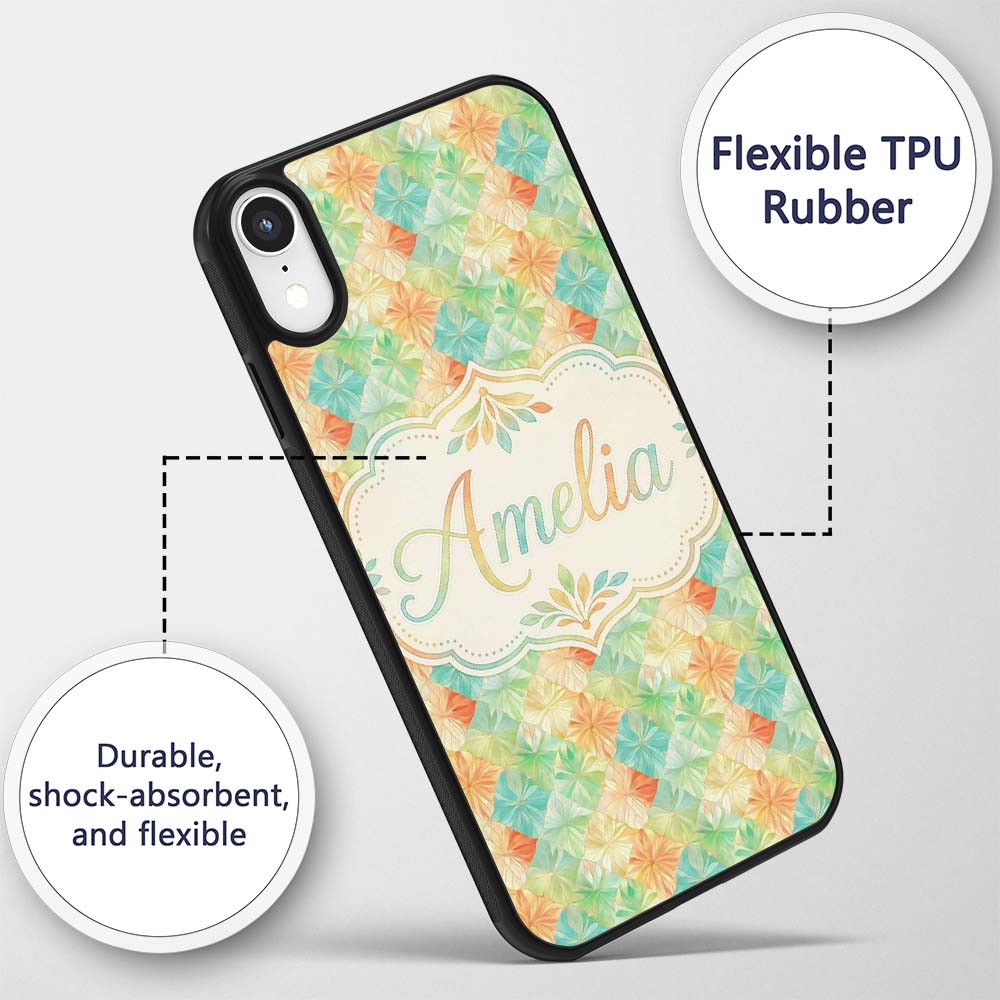 Geometric Pastel Leaf Tile Decorative Design Custom Name Protective Phone Case Mobile Cover Durable Everyday Smartphone Shock Resistant