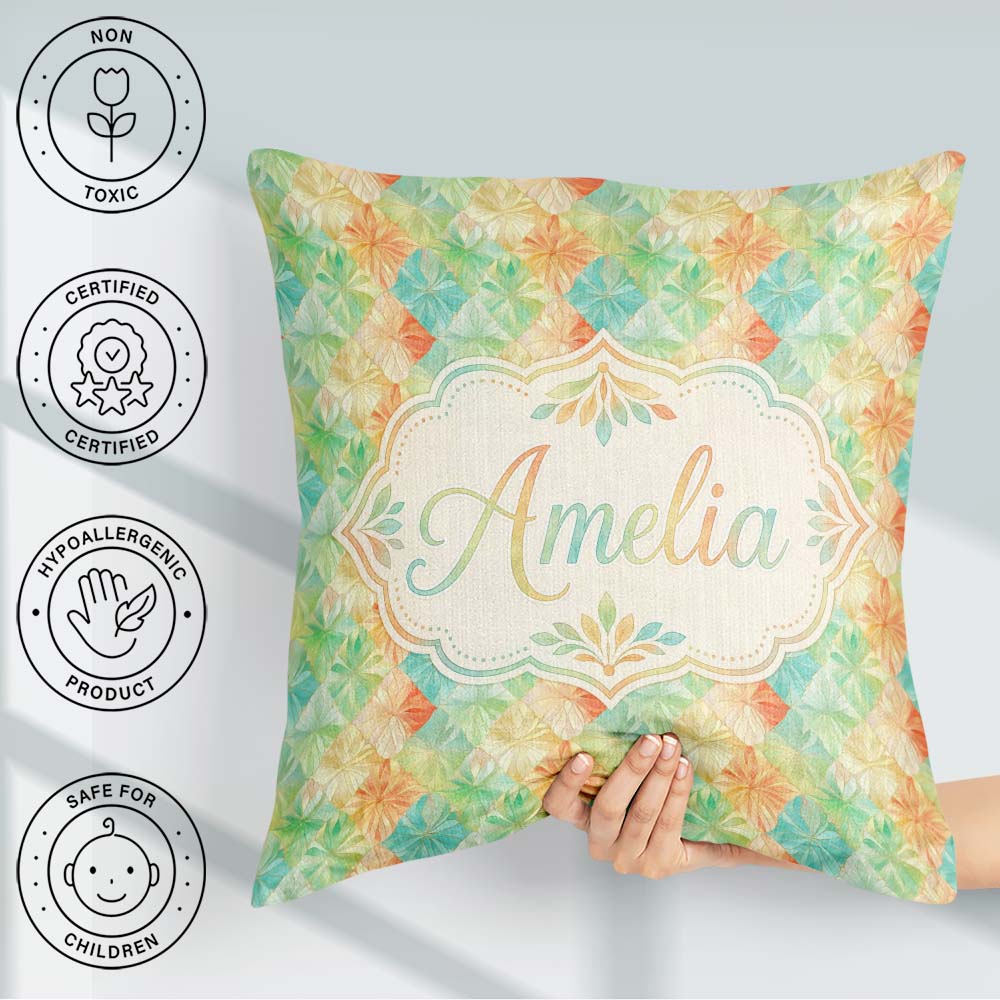 Custom Name Geometric Pastel Leaf Tile Seamless Modern Botanical Square Filled Cushion Throw Pillow Sofa Bed Home Decor Zip Washable UK Made