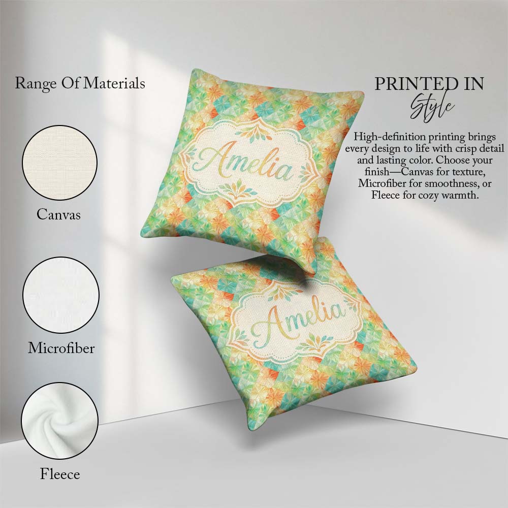 Custom Name Geometric Pastel Leaf Tile Seamless Modern Botanical Square Filled Cushion Throw Pillow Sofa Bed Home Decor Zip Washable UK Made
