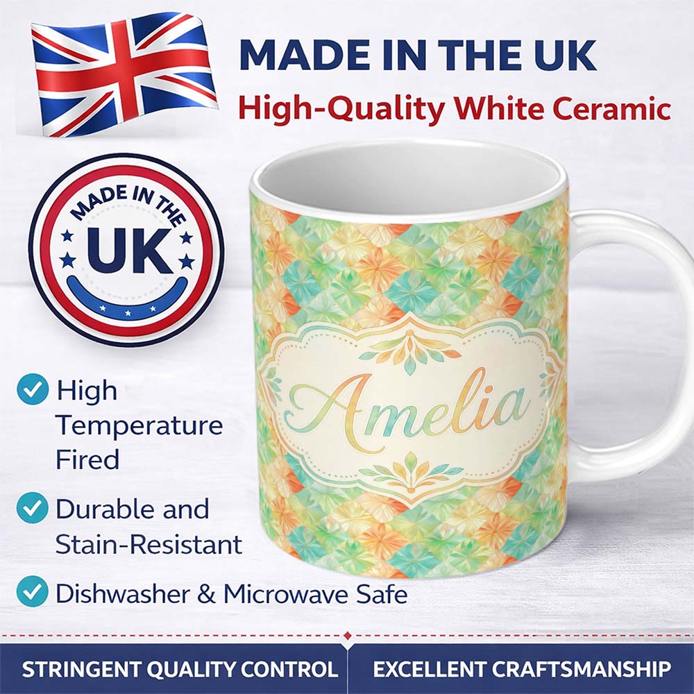 Personalized Custom Name Geometric Pastel Leaf Tile Seamless Pattern Modern Botanical Design 11oz Ceramic Coffee Tea Mug White Large Handle