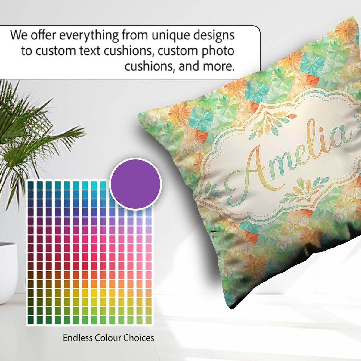 Custom Name Geometric Pastel Leaf Tile Seamless Modern Botanical Square Filled Cushion Throw Pillow Sofa Bed Home Decor Zip Washable UK Made