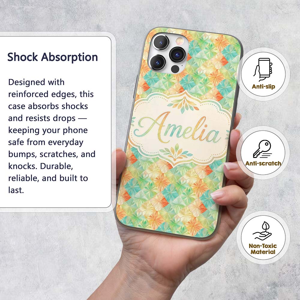 Geometric Pastel Leaf Tile Decorative Design Custom Name Protective Phone Case Mobile Cover Durable Everyday Smartphone Shock Resistant
