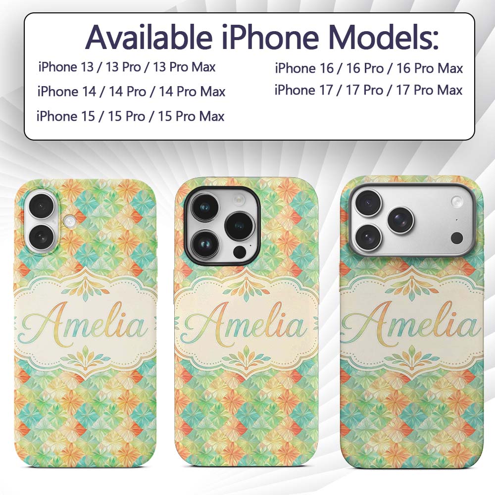 Geometric Pastel Leaf Tile Decorative Design Custom Name Protective Phone Case Mobile Cover Durable Everyday Smartphone Shock Resistant