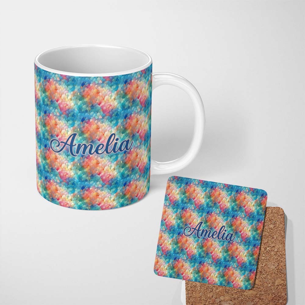Personalized Custom Name Colorful Abstract Scale Texture Seamless Pattern Artistic 11oz Ceramic Coffee Tea Mug White Large Handle