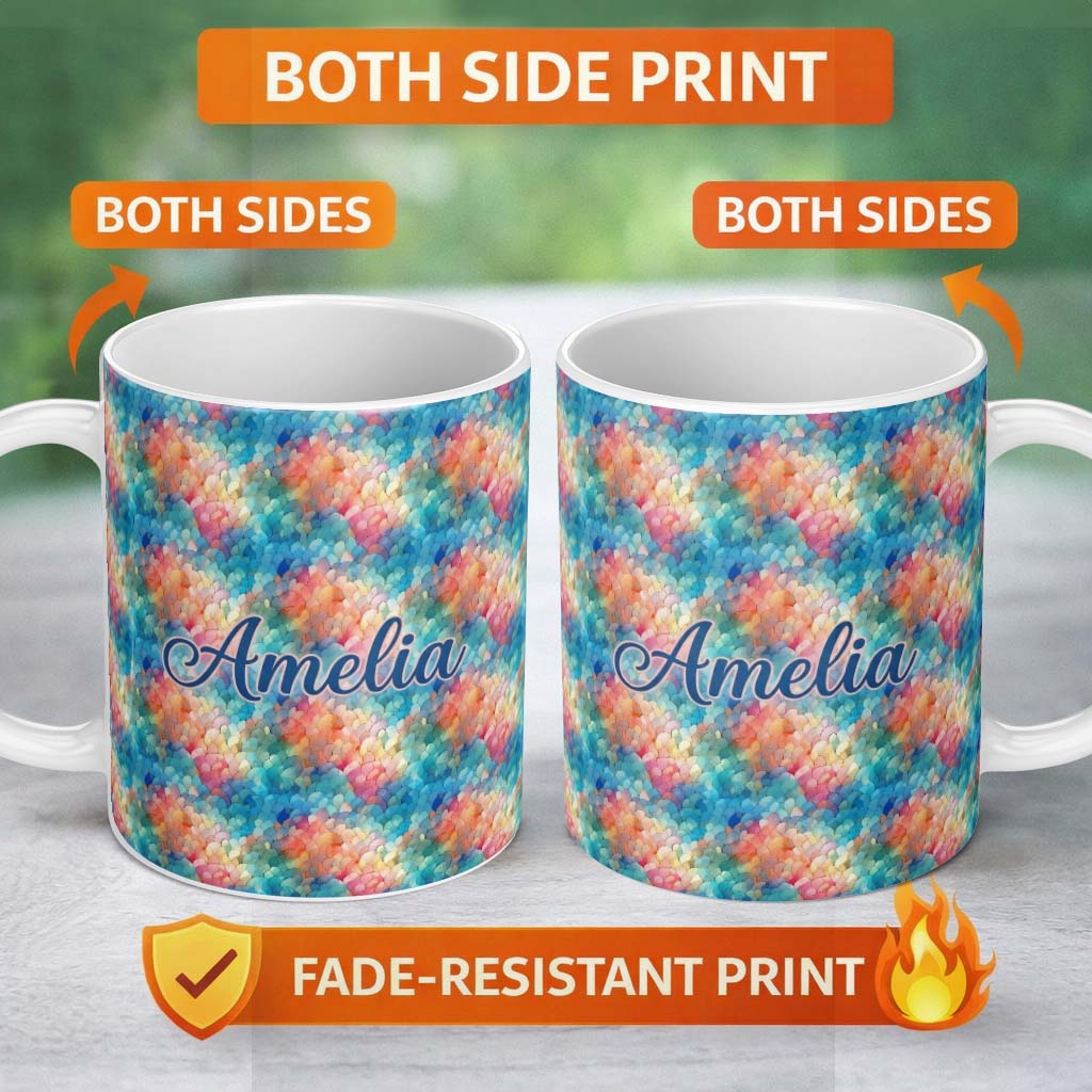 Personalized Custom Name Colorful Abstract Scale Texture Seamless Pattern Artistic 11oz Ceramic Coffee Tea Mug White Large Handle
