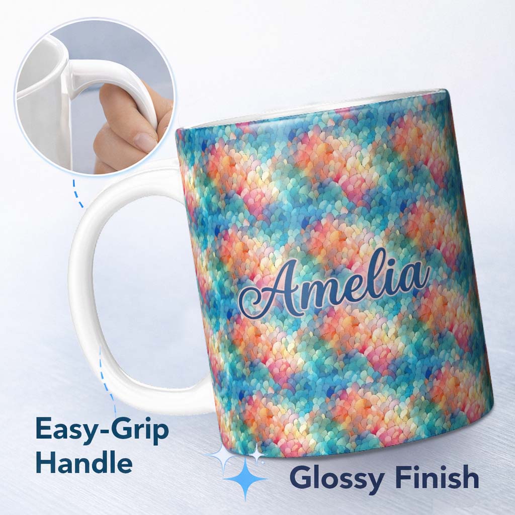Personalized Custom Name Colorful Abstract Scale Texture Seamless Pattern Artistic 11oz Ceramic Coffee Tea Mug White Large Handle