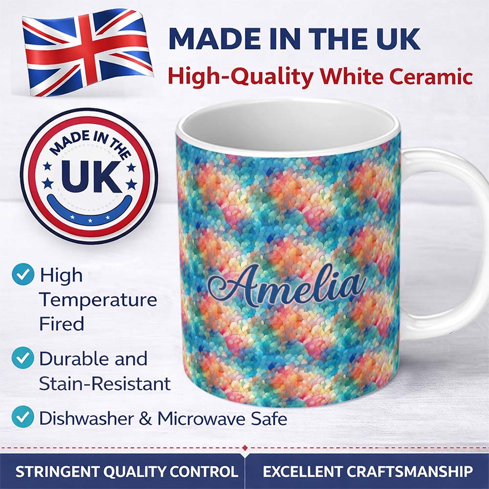Personalized Custom Name Colorful Abstract Scale Texture Seamless Pattern Artistic 11oz Ceramic Coffee Tea Mug White Large Handle