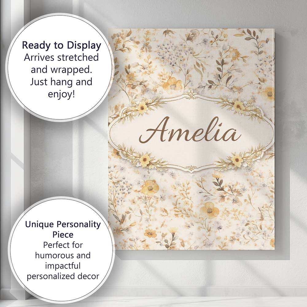 Personalised Name Soft Neutral Floral Botanical Seamless Pattern Custom Interior Canvas Wall Art Print Decor Picture Ready to Hang